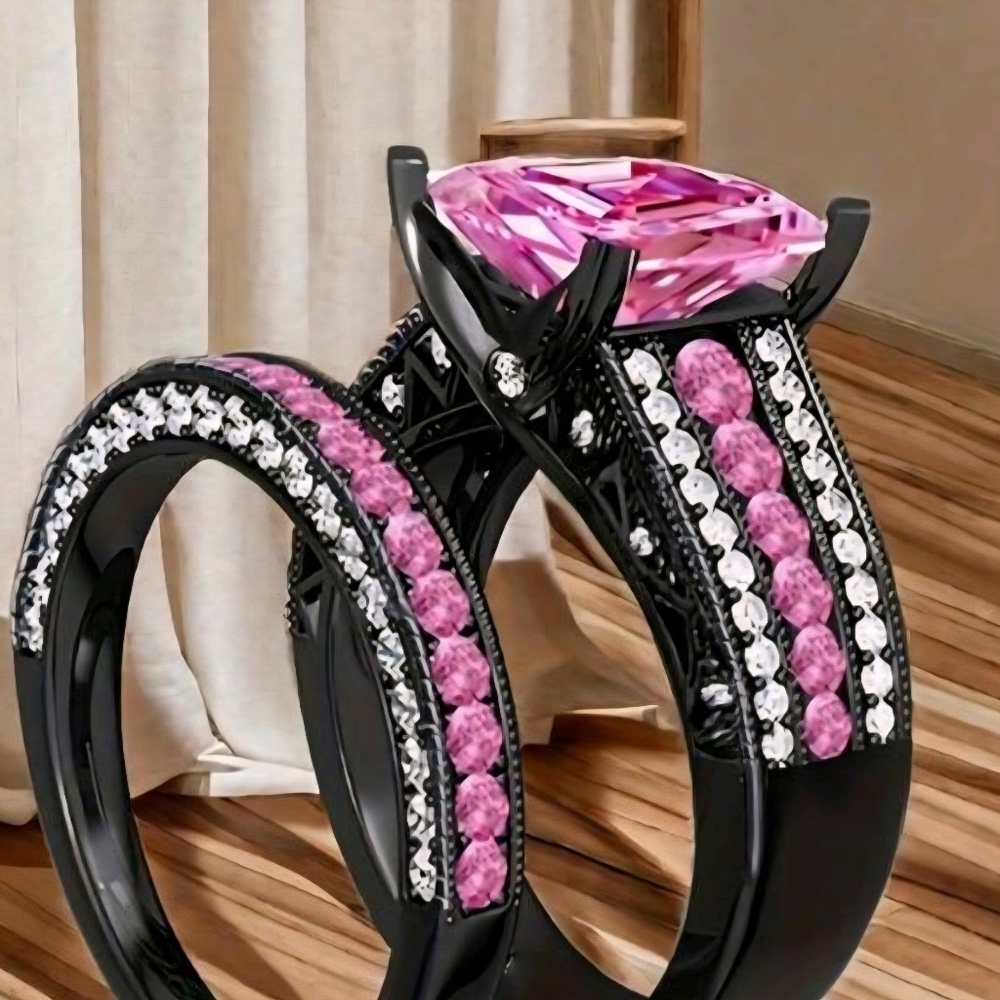 Elegant Pink and Black Women's Ring Set